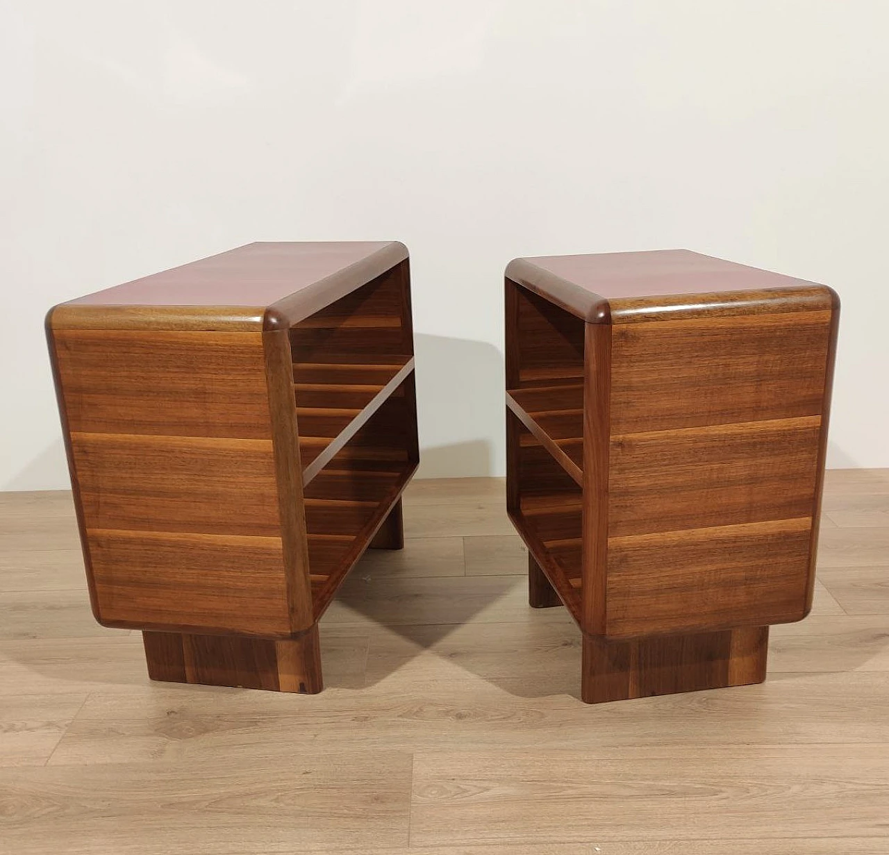 Set of 2 walnut and red formica cabinets, 1950s 6