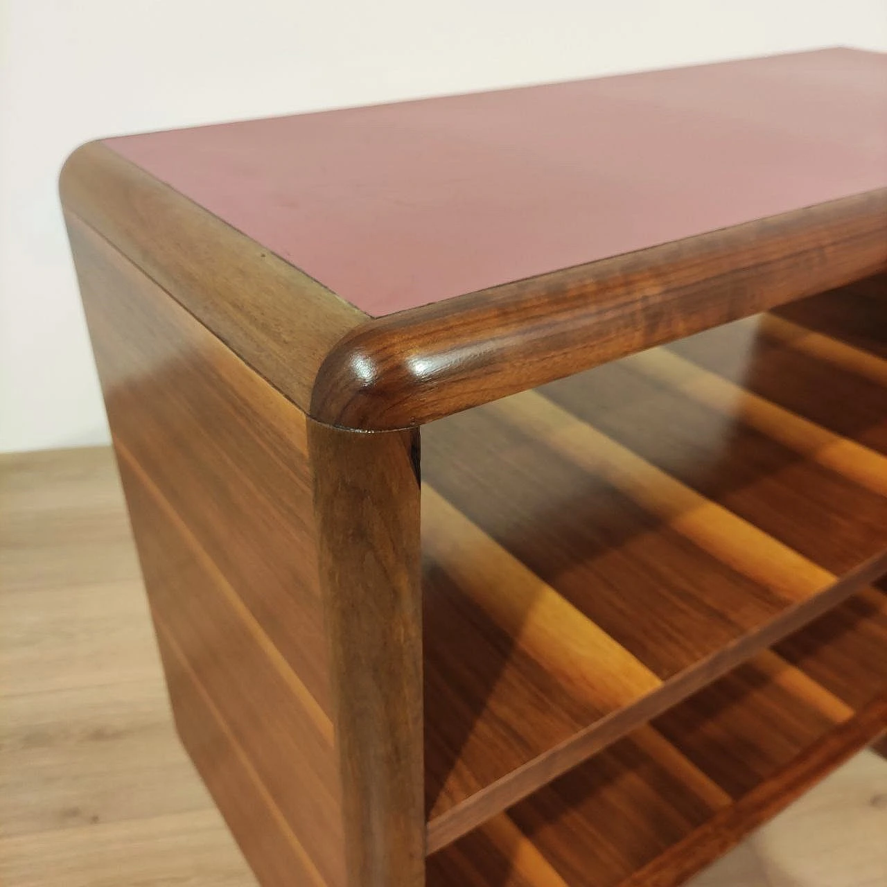 Set of 2 walnut and red formica cabinets, 1950s 7