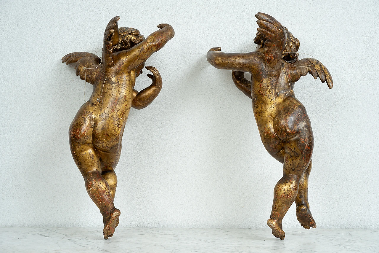 Pair of winged cherubs gilded and carved wood, Florence 16th century 4