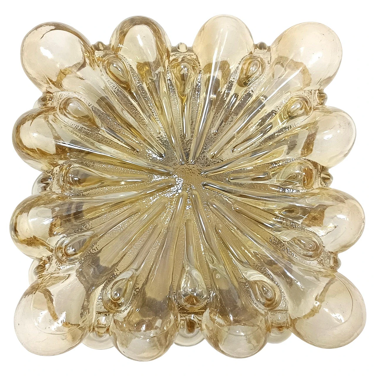 Amber Glass and Gold Varnished Metal Ceiling Light by Helena Tynell 1