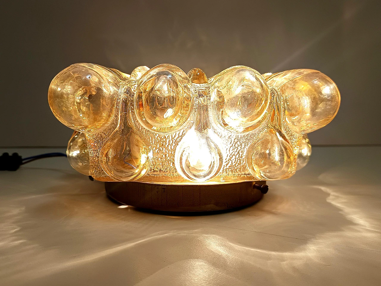 Amber Glass and Gold Varnished Metal Ceiling Light by Helena Tynell 10