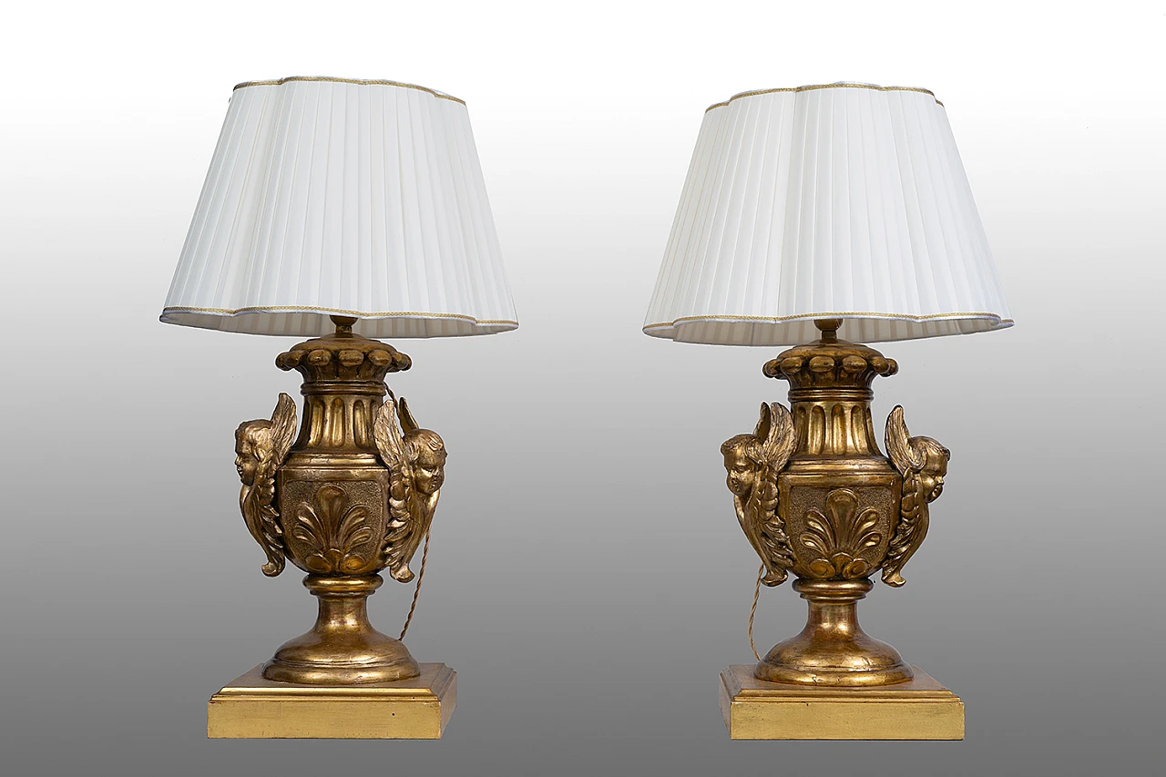 Pair of Empire table lamps in gilded and carved wood, 19th century 1