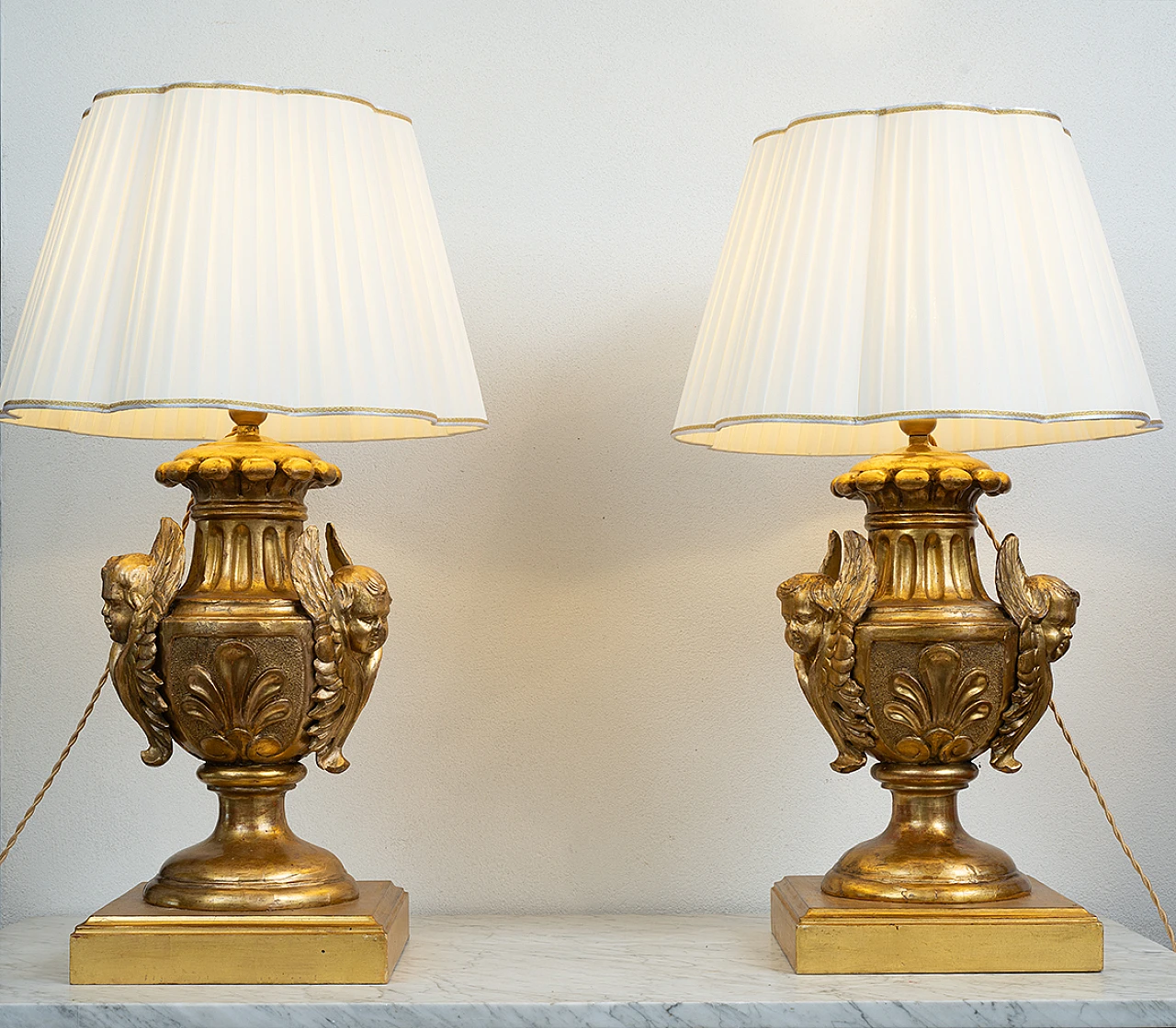 Pair of Empire table lamps in gilded and carved wood, 19th century 4