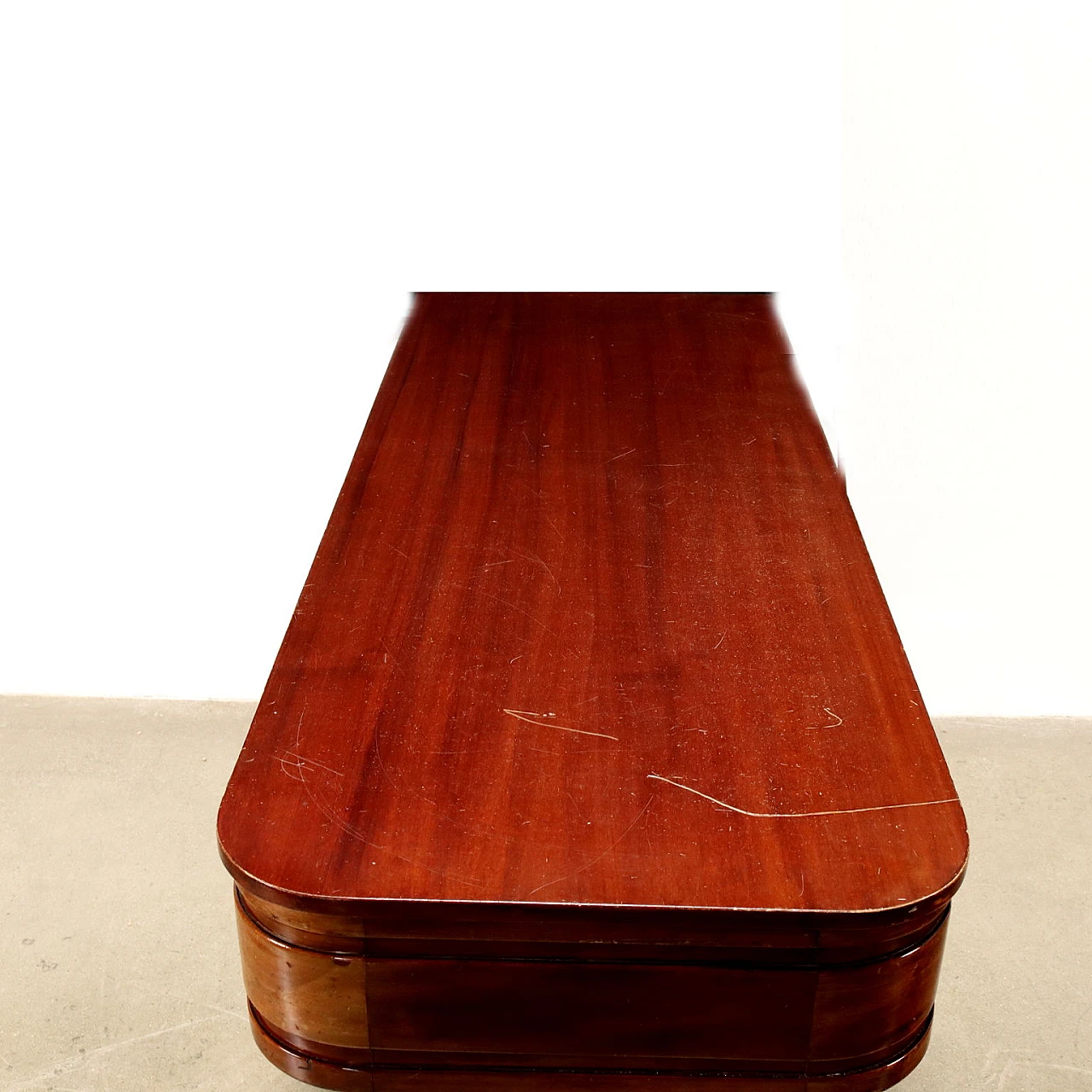 Mahogany veneered wooden shop counter with grissinate legs, 1960s 3