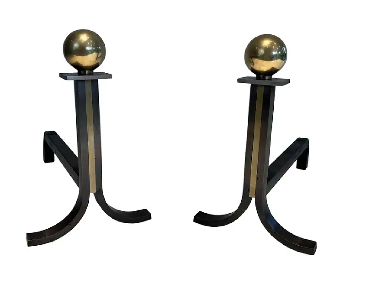 Pair of modernist andirons in the style of Jacques Adnet, 1940s 1