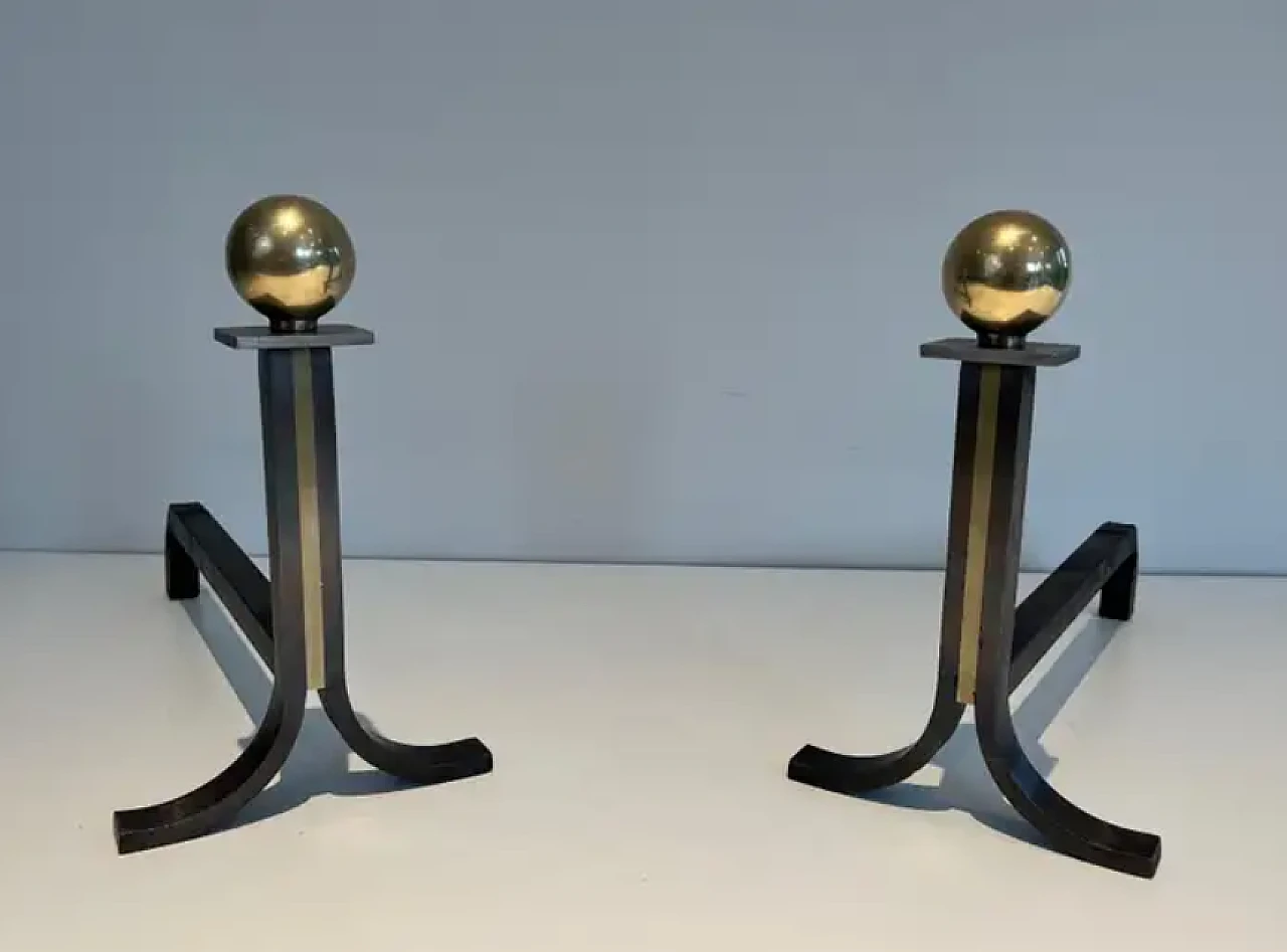 Pair of modernist andirons in the style of Jacques Adnet, 1940s 2