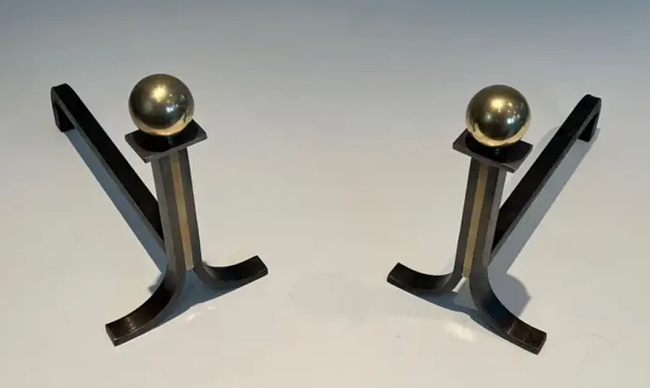 Pair of modernist andirons in the style of Jacques Adnet, 1940s 3