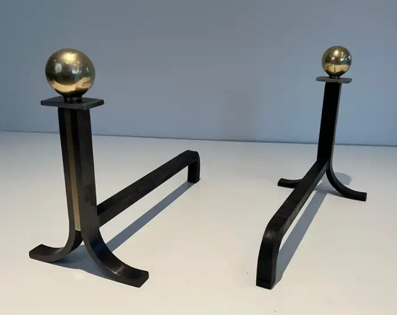 Pair of modernist andirons in the style of Jacques Adnet, 1940s 5