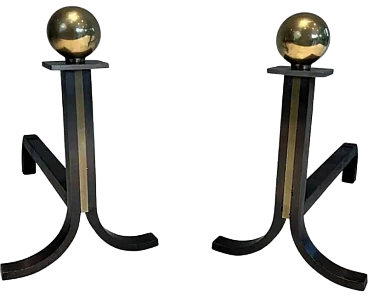 Pair of modernist andirons in the style of Jacques Adnet, 1940s