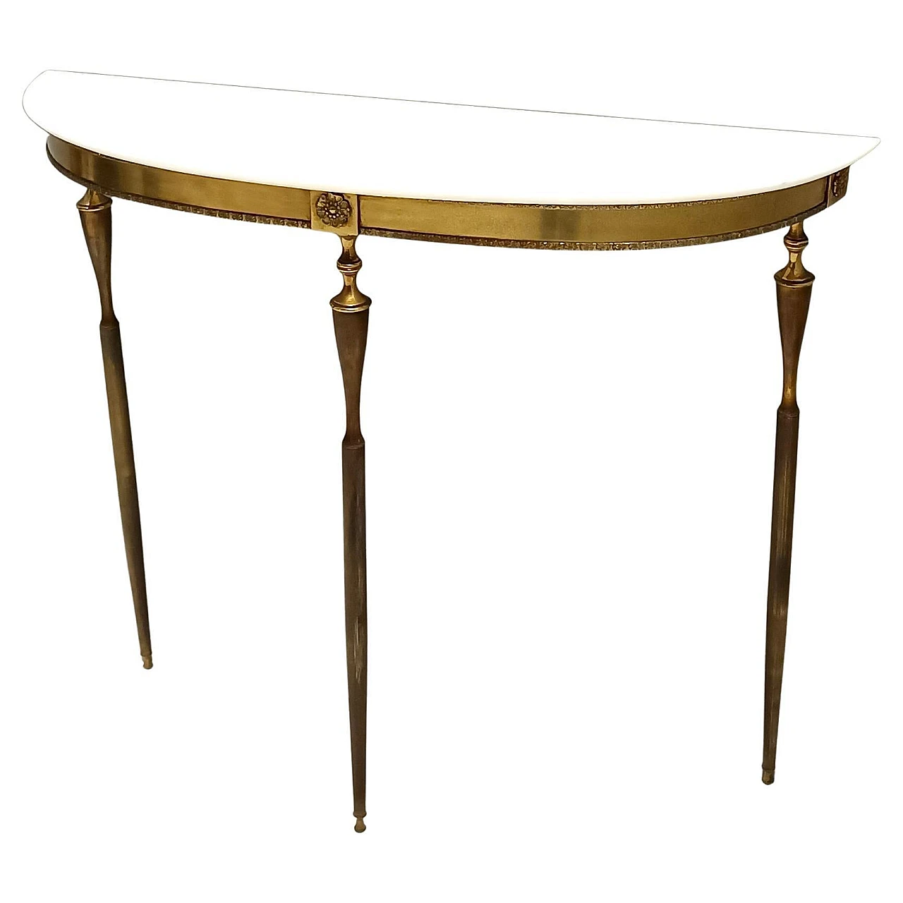 Brass Console Table with Demilune Portuguese Pink Marble Top, Italy 1