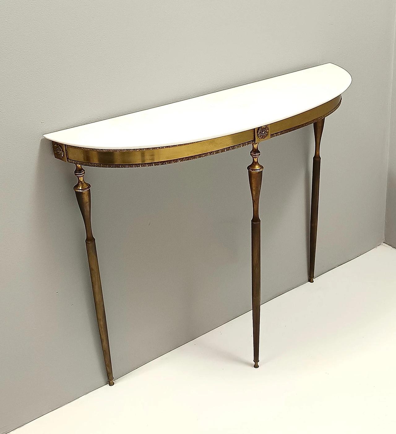 Brass Console Table with Demilune Portuguese Pink Marble Top, Italy 5