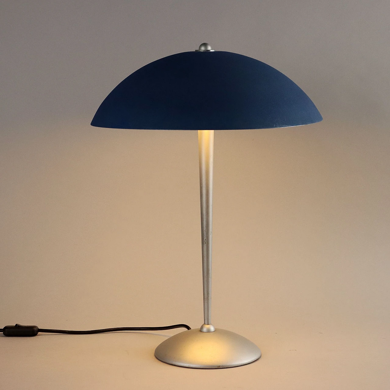 Chromed metal and blue enameled metal table lamp, 1980s 1