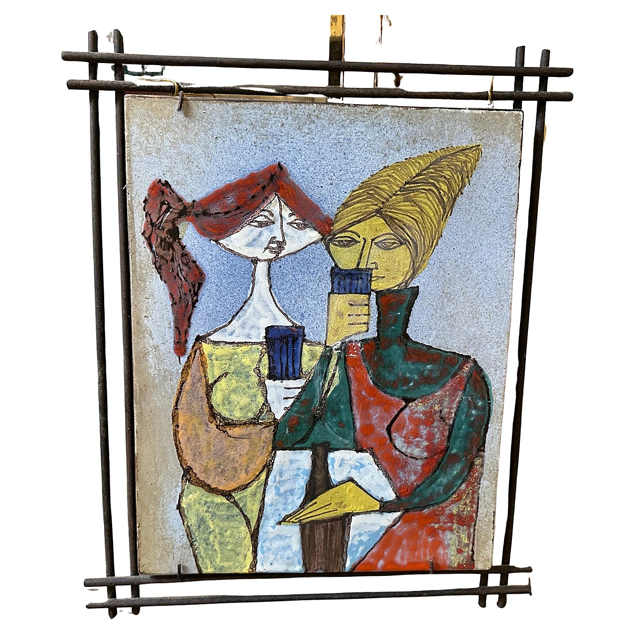 Iron framed hand painted ceramic Italian plaque, 1950s 1