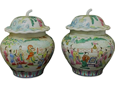 Pair of painted porcelain oriental vases from the 20th century