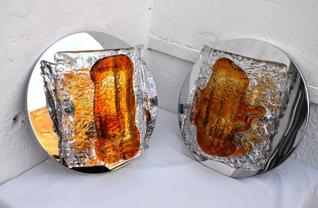 Pair of two-tone Murano glass wall sconces by Mazzega, 1970s 3