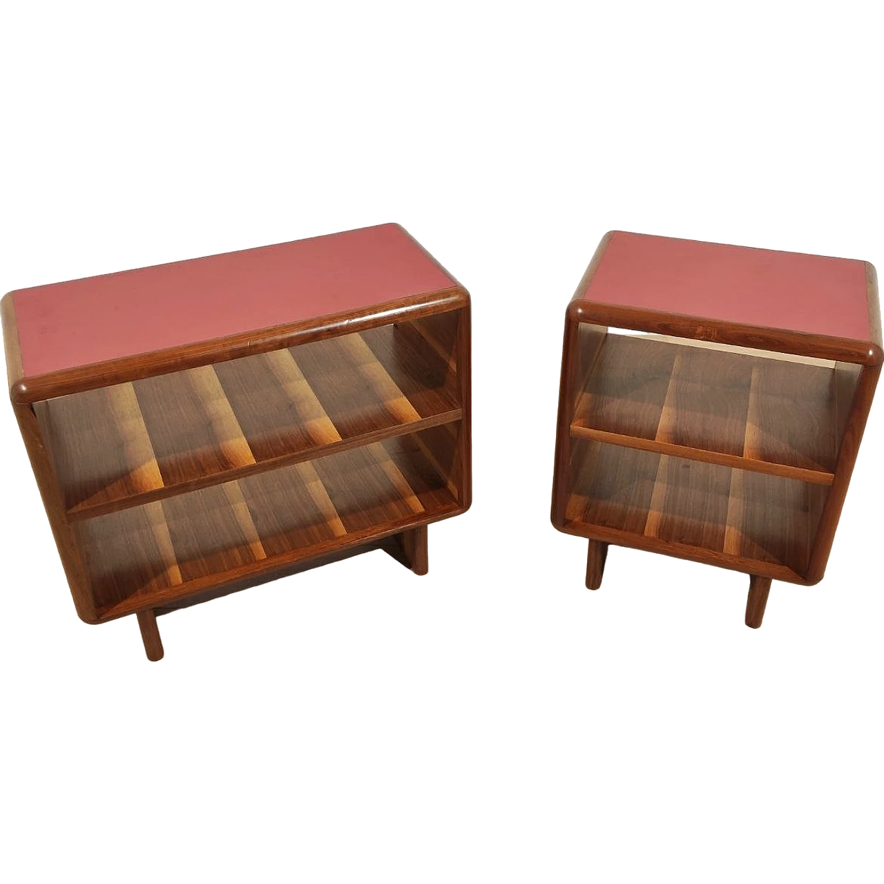 Set of 2 walnut and red formica cabinets, 1950s 8