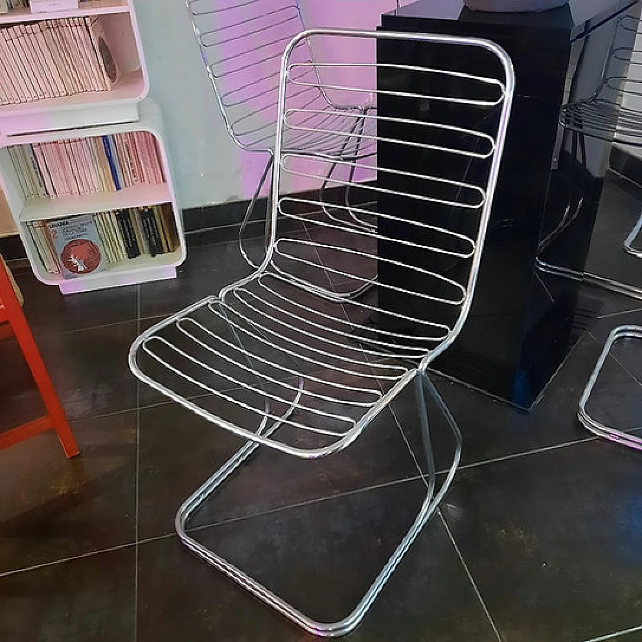 4 steel and leather chairs in the style of Gastone Grimaldi, 1970s 1