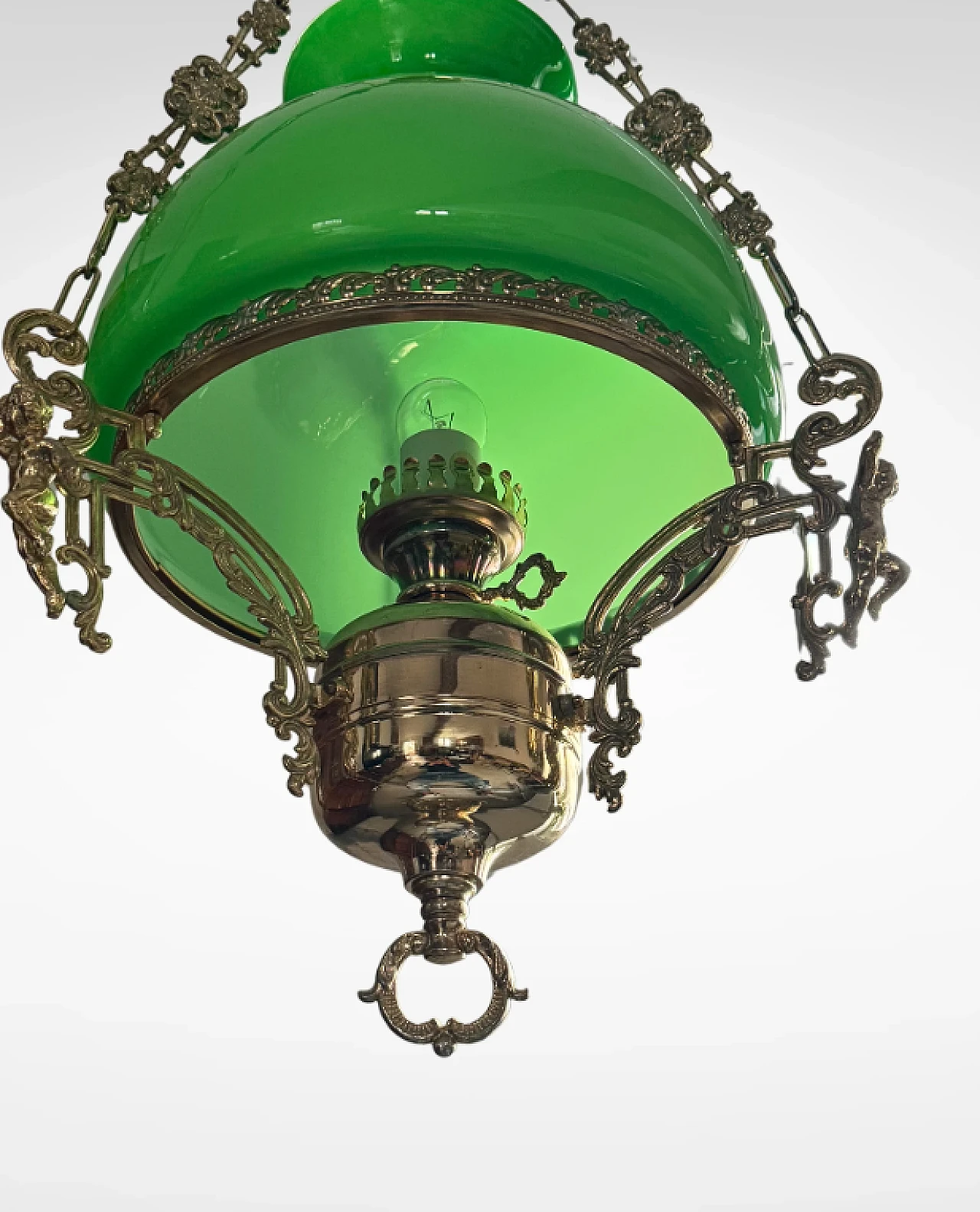 Victorian green opaline glass lantern chandelier, late 19th century 3