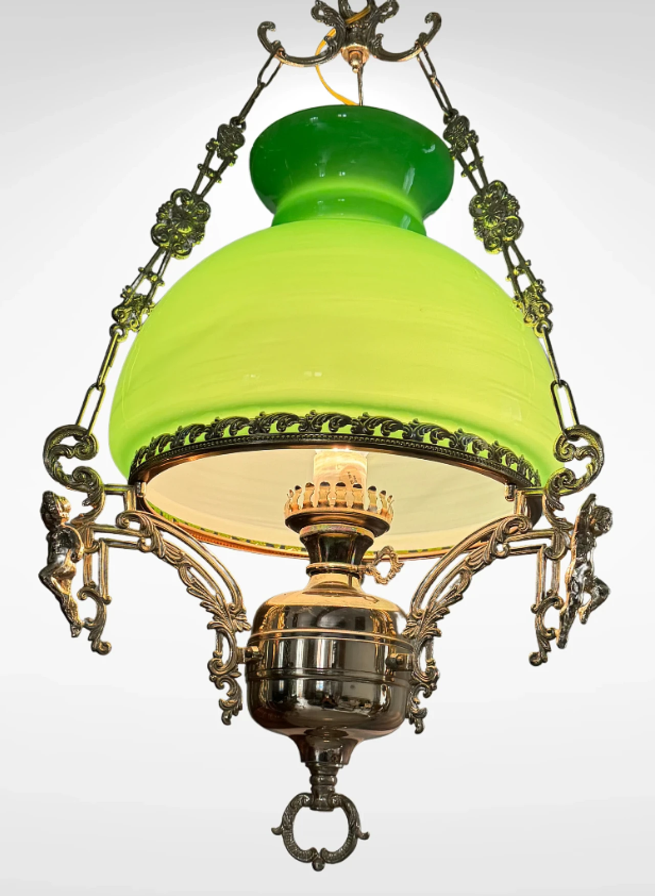 Victorian green opaline glass lantern chandelier, late 19th century 4