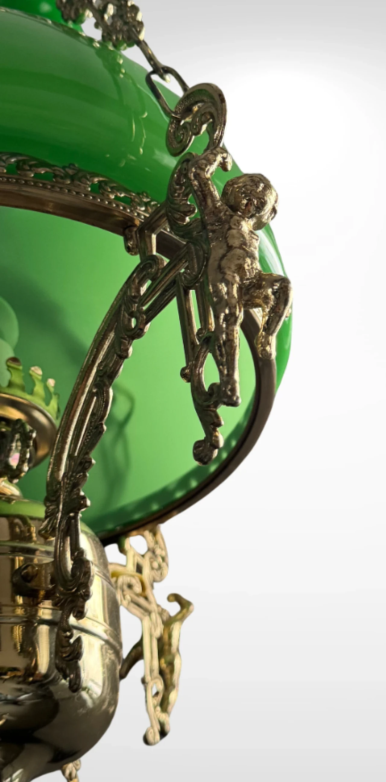 Victorian green opaline glass lantern chandelier, late 19th century 5