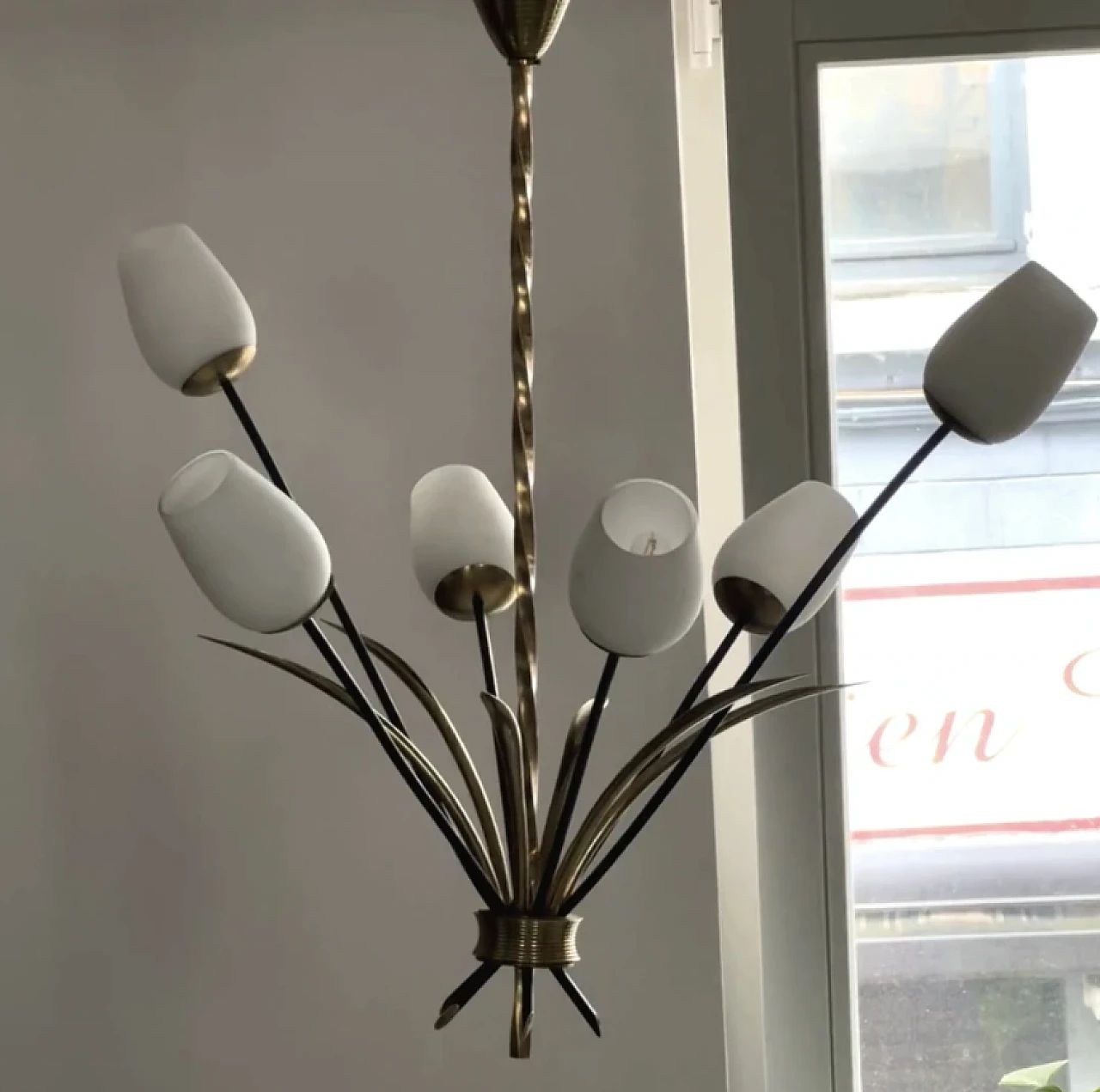 6-armed opaline glass and brass chandelier, 1950s 3