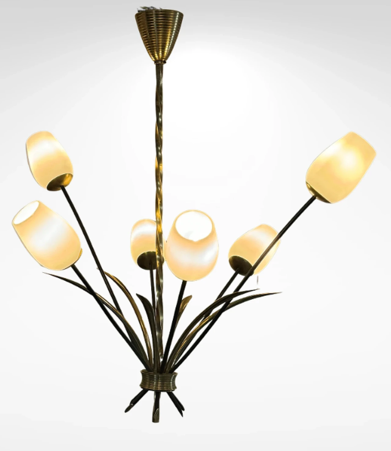 6-armed opaline glass and brass chandelier, 1950s 9