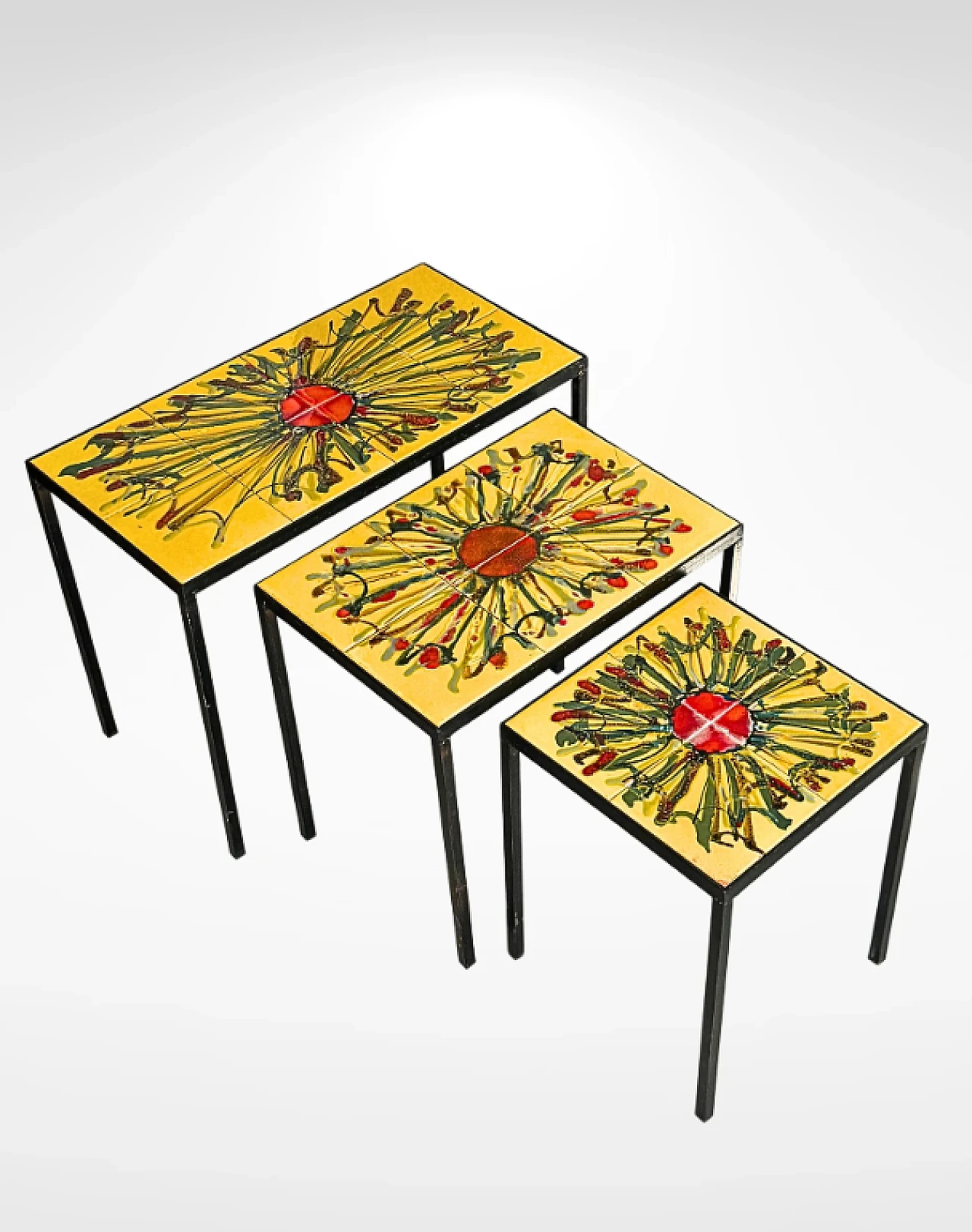 3 Small tables with tiled top and iron legs, 1960s 2