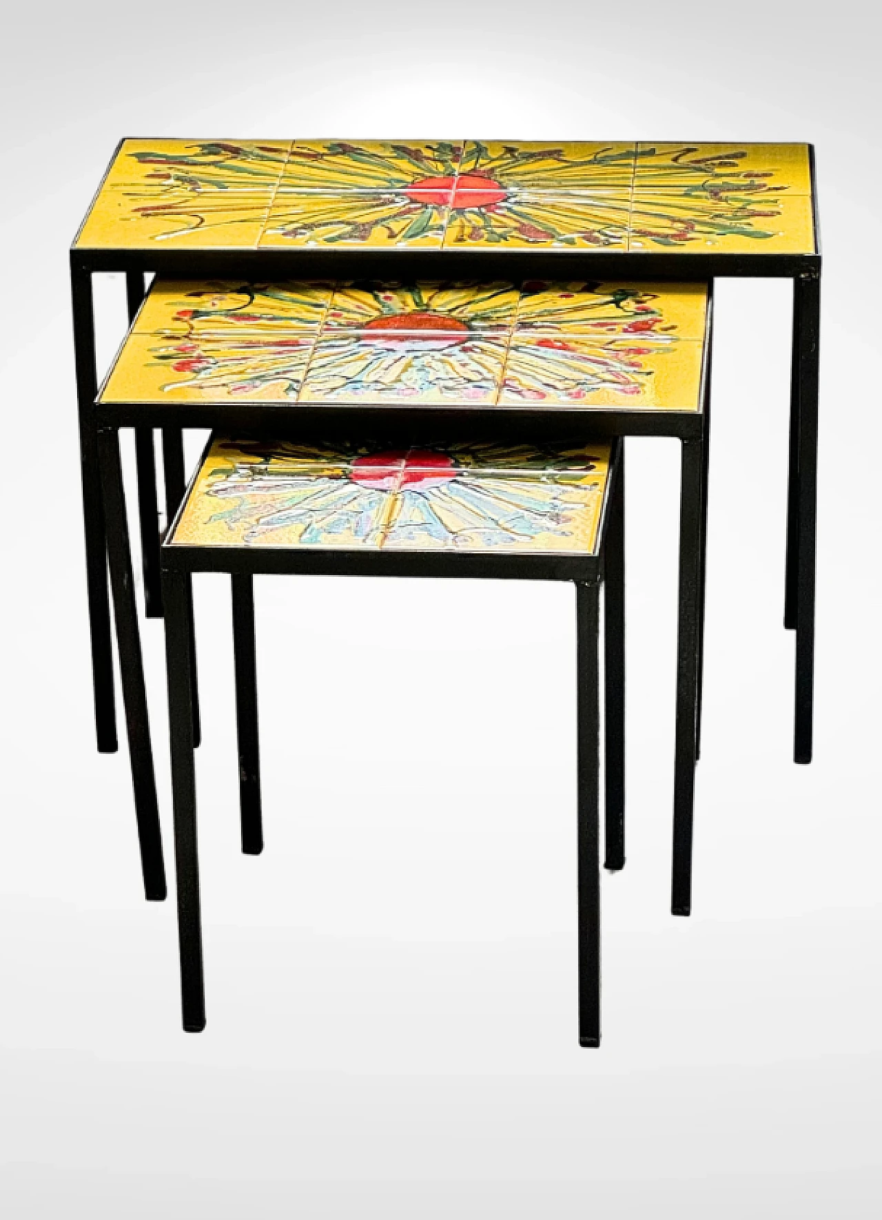 3 Small tables with tiled top and iron legs, 1960s 3