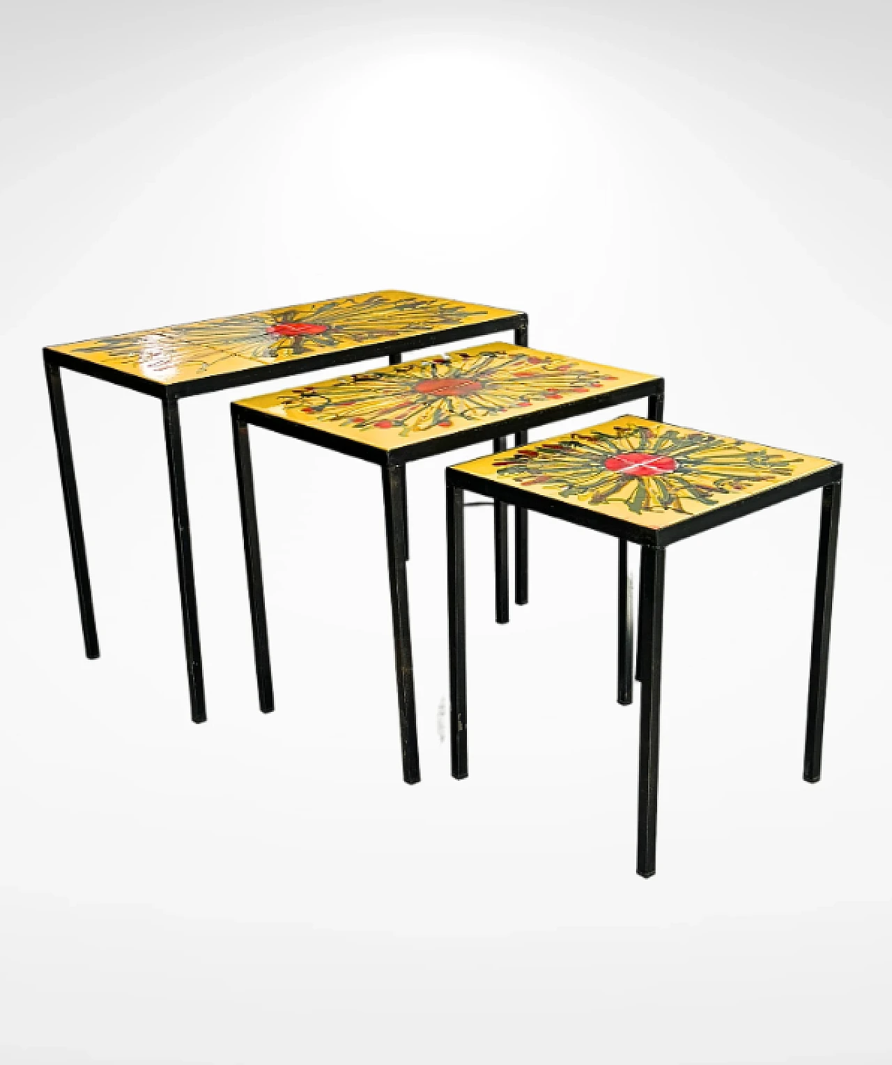 3 Small tables with tiled top and iron legs, 1960s 5