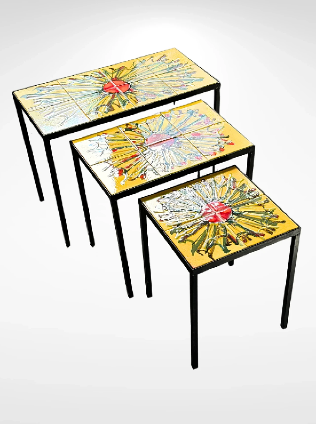 3 Small tables with tiled top and iron legs, 1960s 6