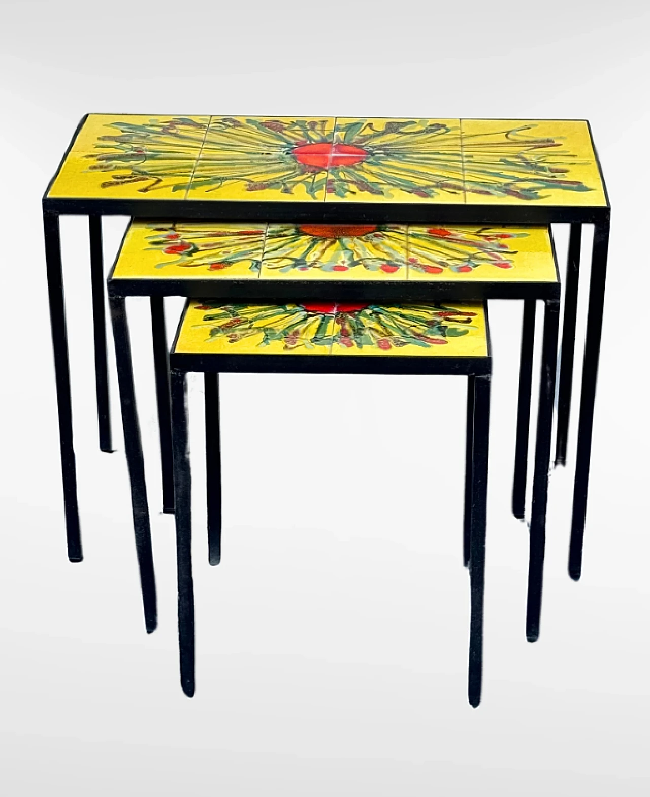 3 Small tables with tiled top and iron legs, 1960s 9