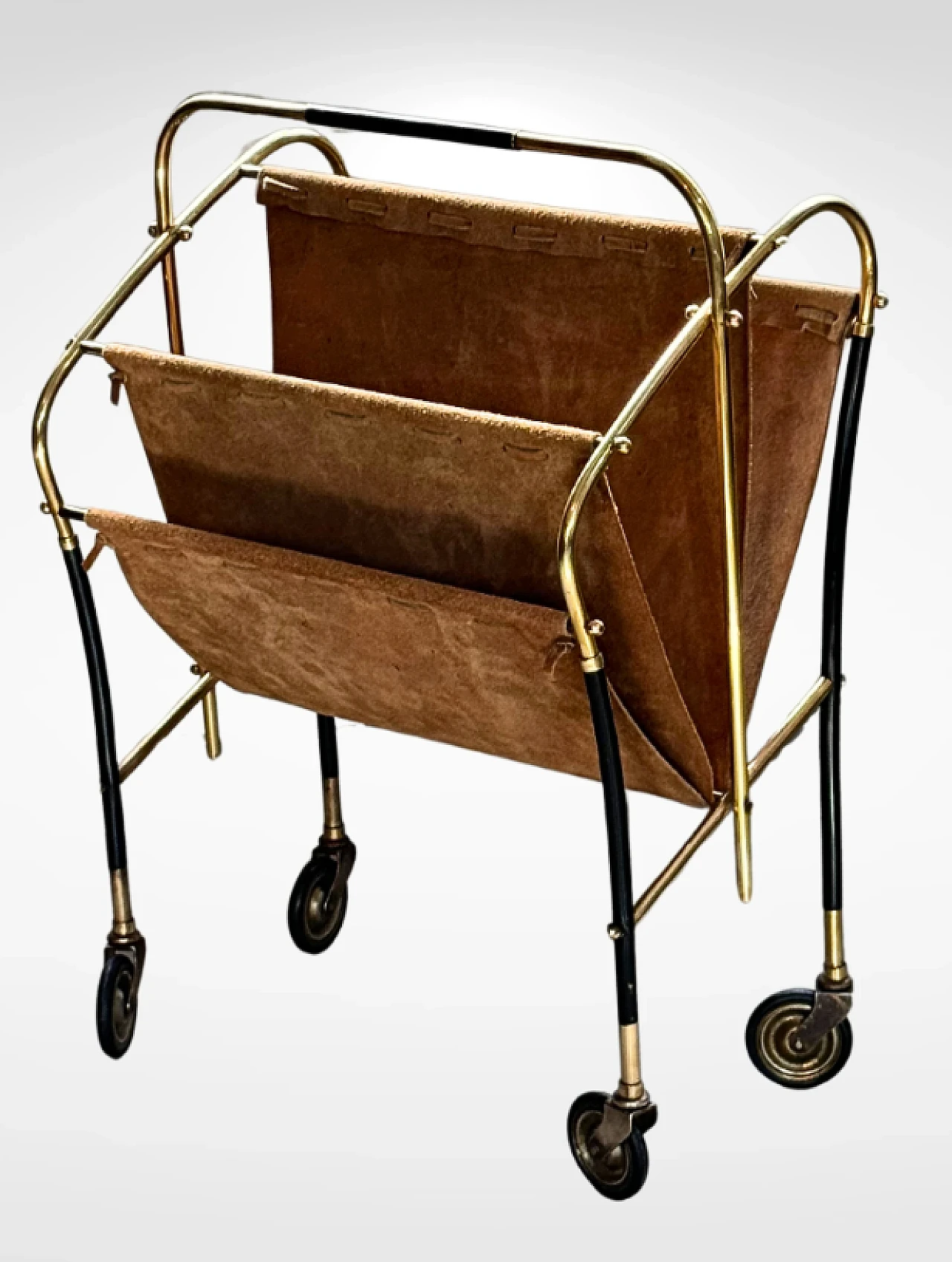 Brass and leather magazine rack on wheels by Cesare Lacca, 1950s 1