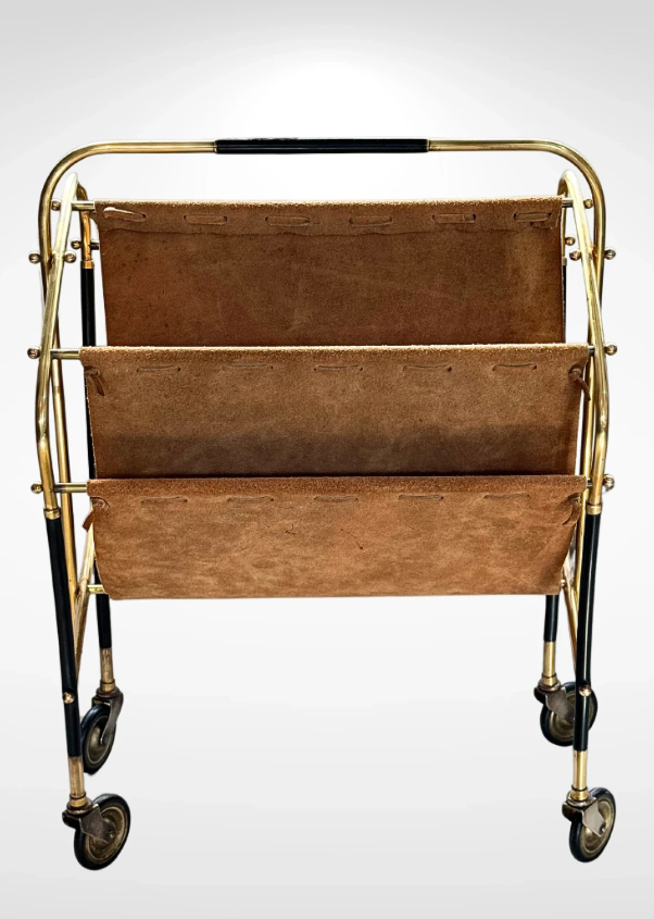 Brass and leather magazine rack on wheels by Cesare Lacca, 1950s 2