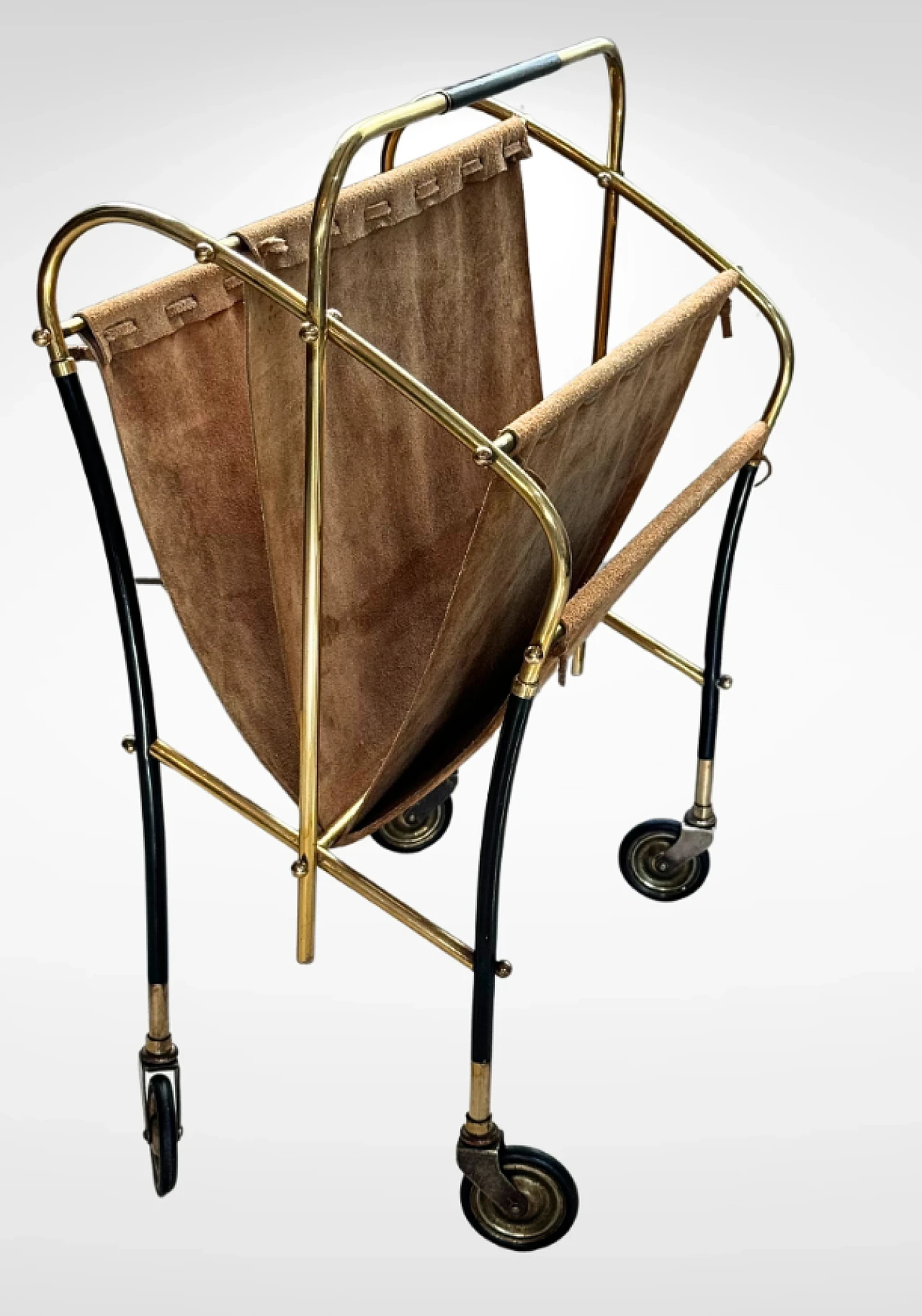 Brass and leather magazine rack on wheels by Cesare Lacca, 1950s 3