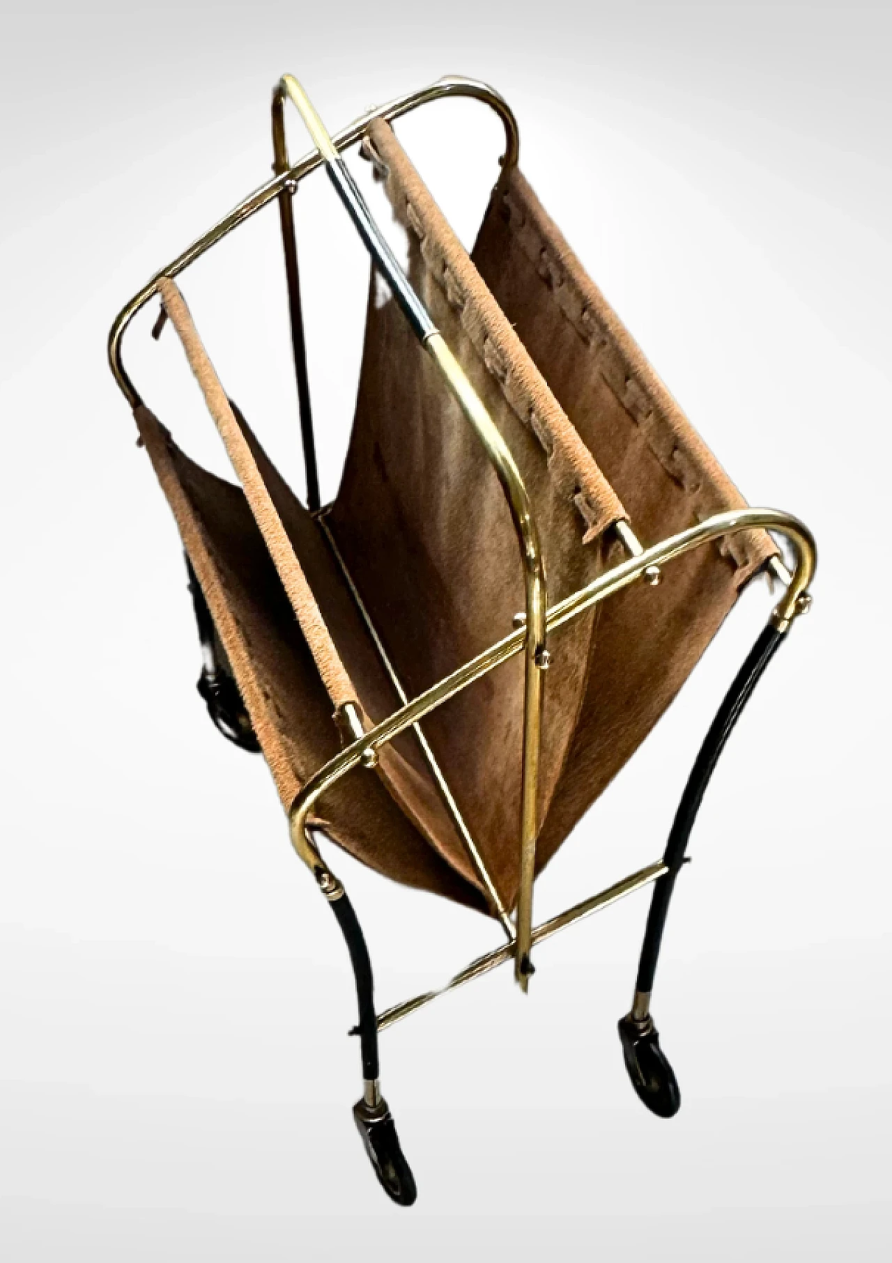 Brass and leather magazine rack on wheels by Cesare Lacca, 1950s 4