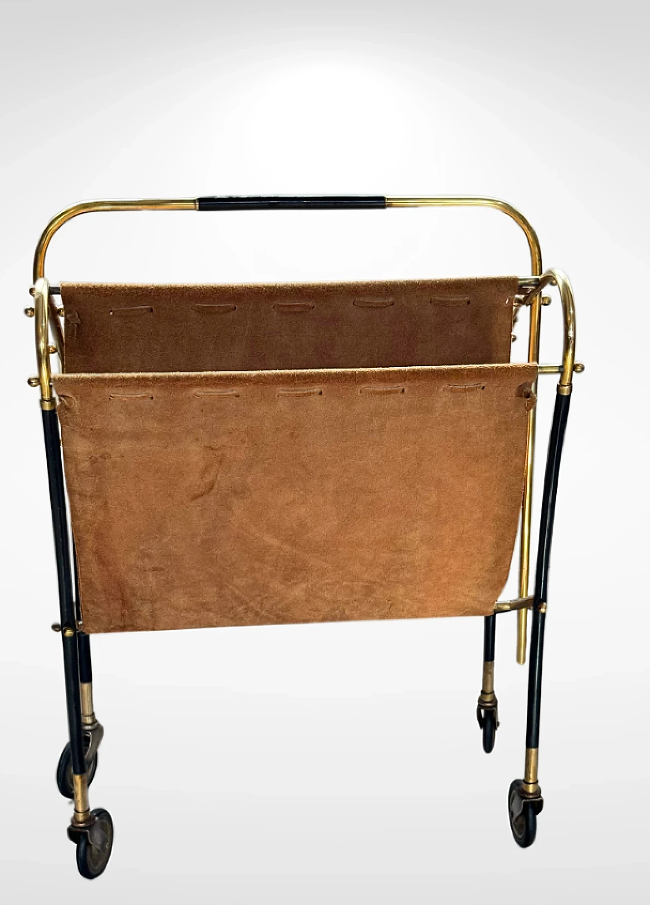 Brass and leather magazine rack on wheels by Cesare Lacca, 1950s 5