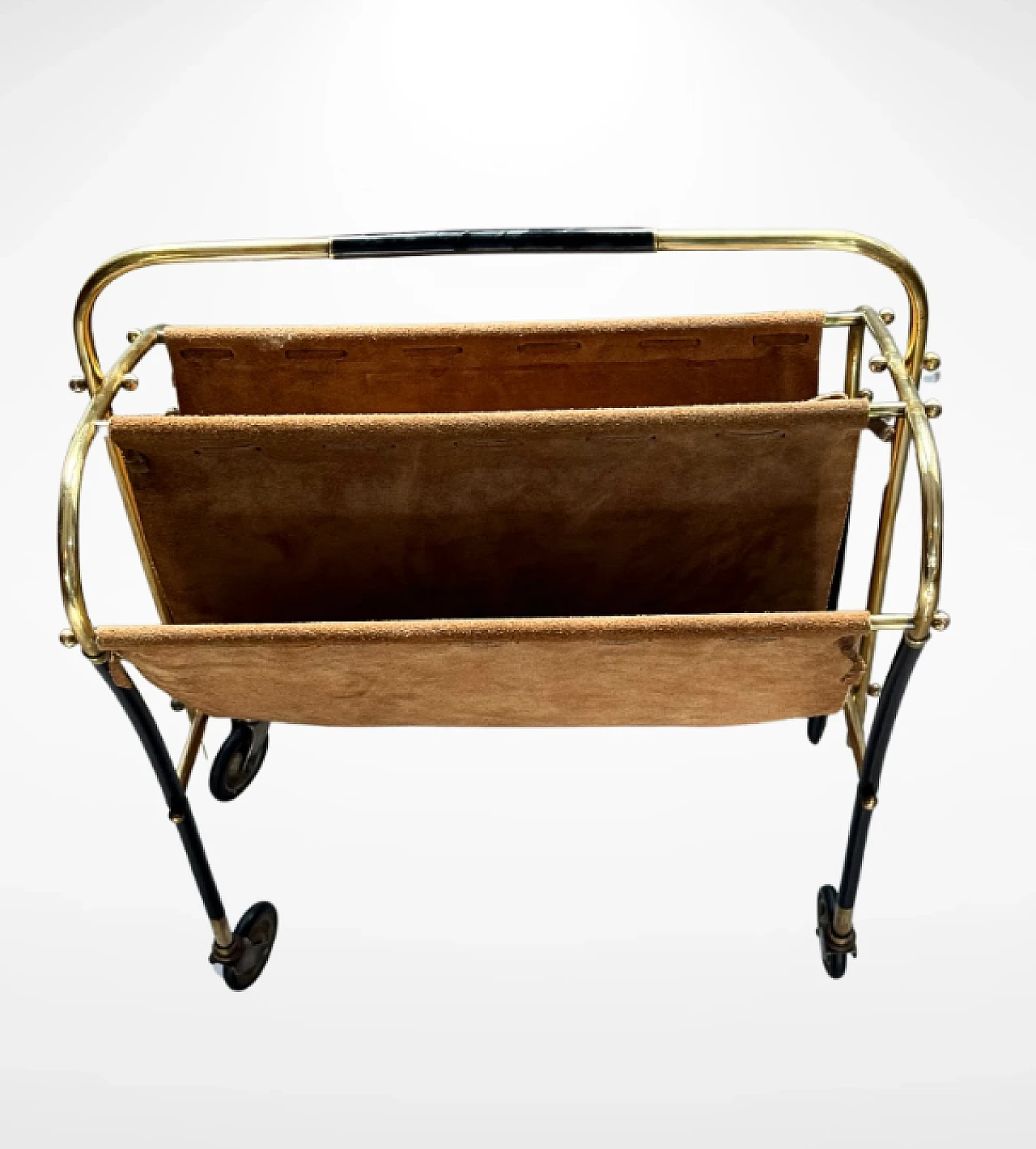 Brass and leather magazine rack on wheels by Cesare Lacca, 1950s 6