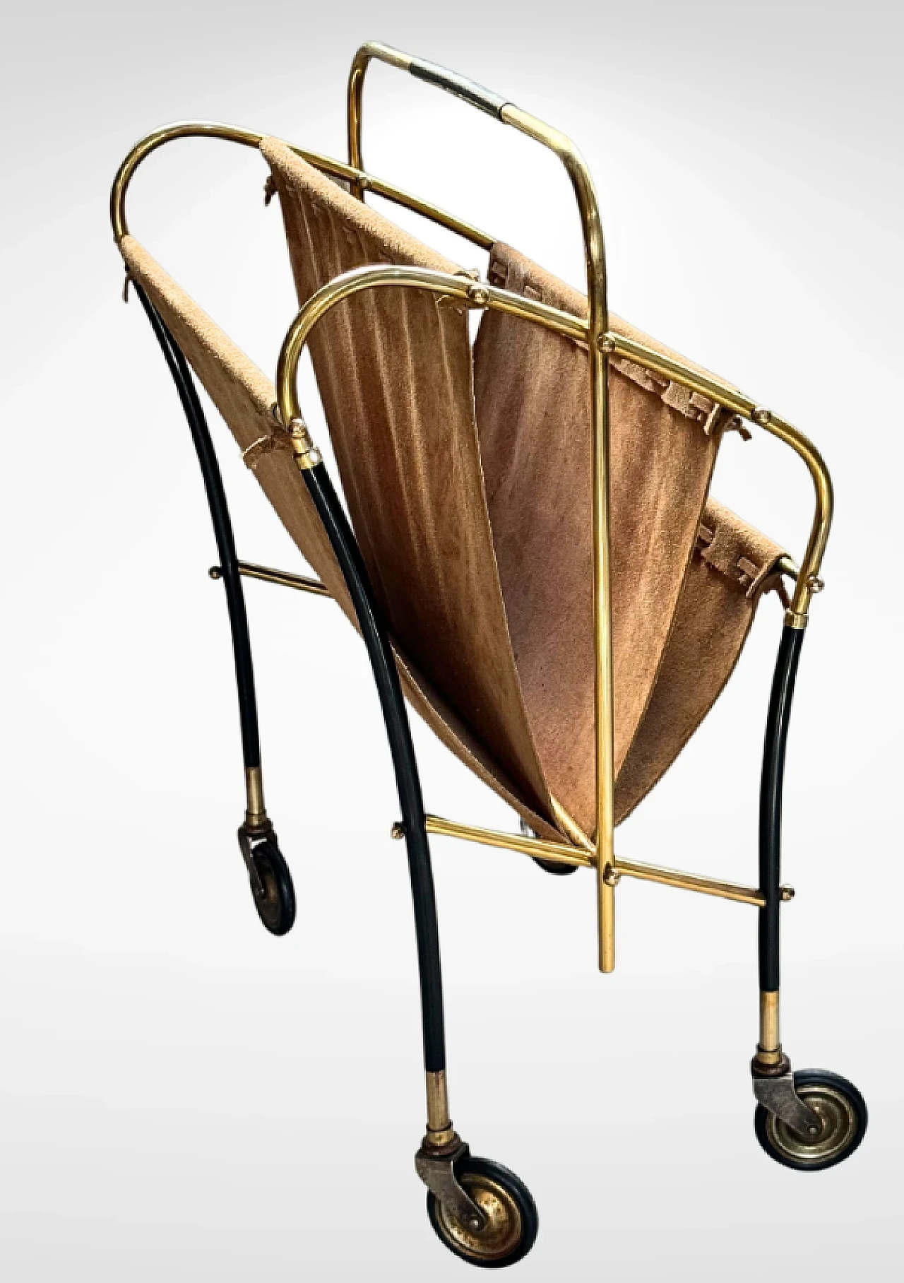 Brass and leather magazine rack on wheels by Cesare Lacca, 1950s 8