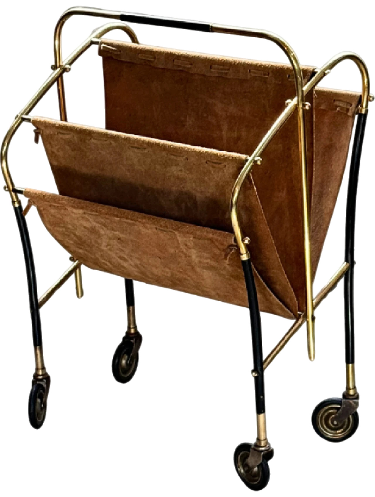 Brass and leather magazine rack on wheels by Cesare Lacca, 1950s 10