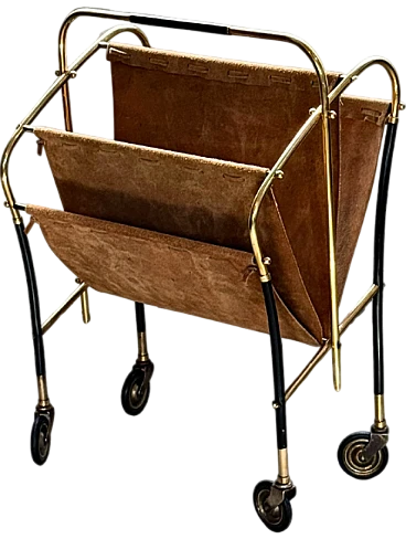 Brass and leather magazine rack on wheels by Cesare Lacca, 1950s