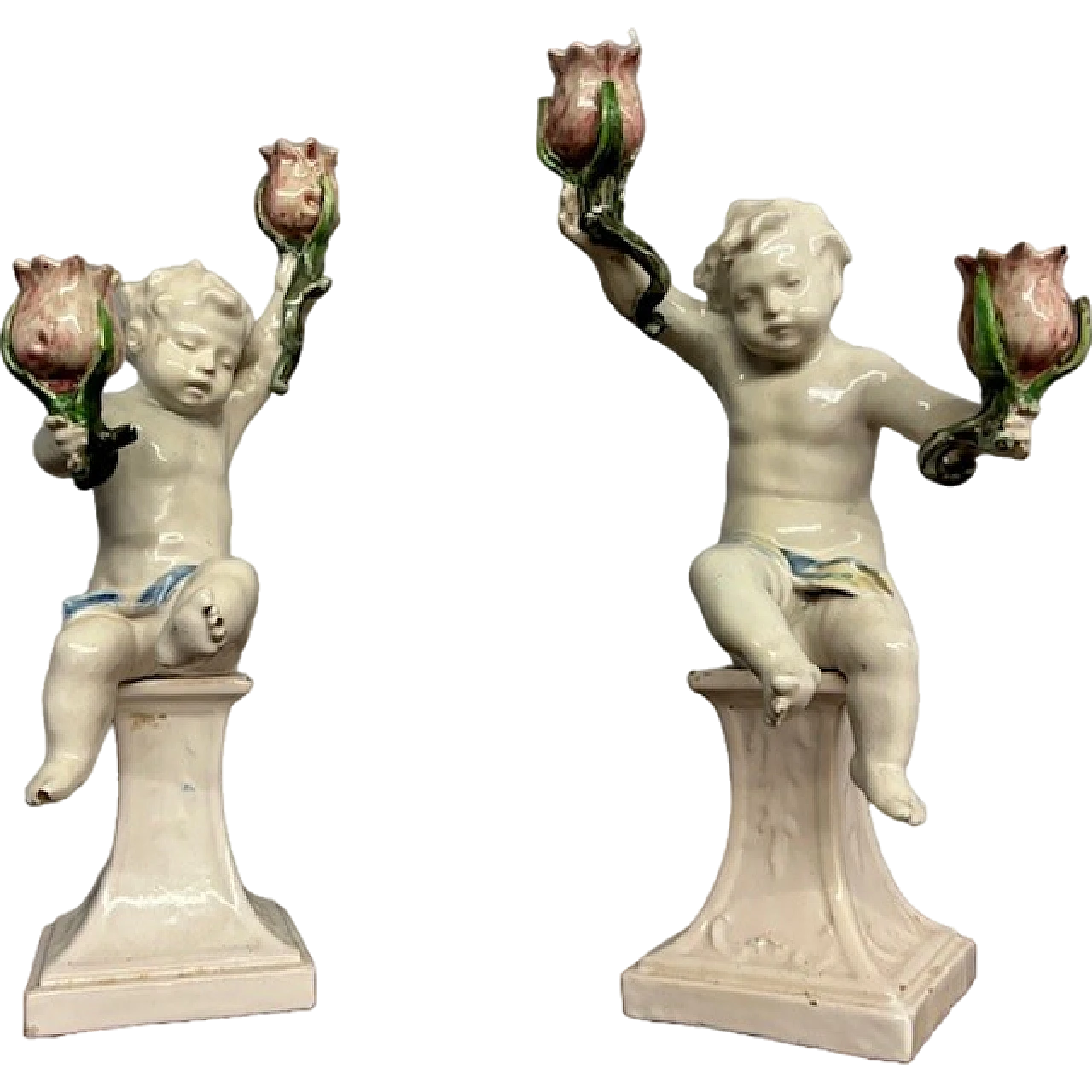 Pair of cherubs candle holders by Angelo Minghetti, late 19th century 15