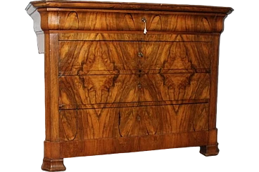 Chest of drawers in solid cappuccino blond walnut and burl, 1850