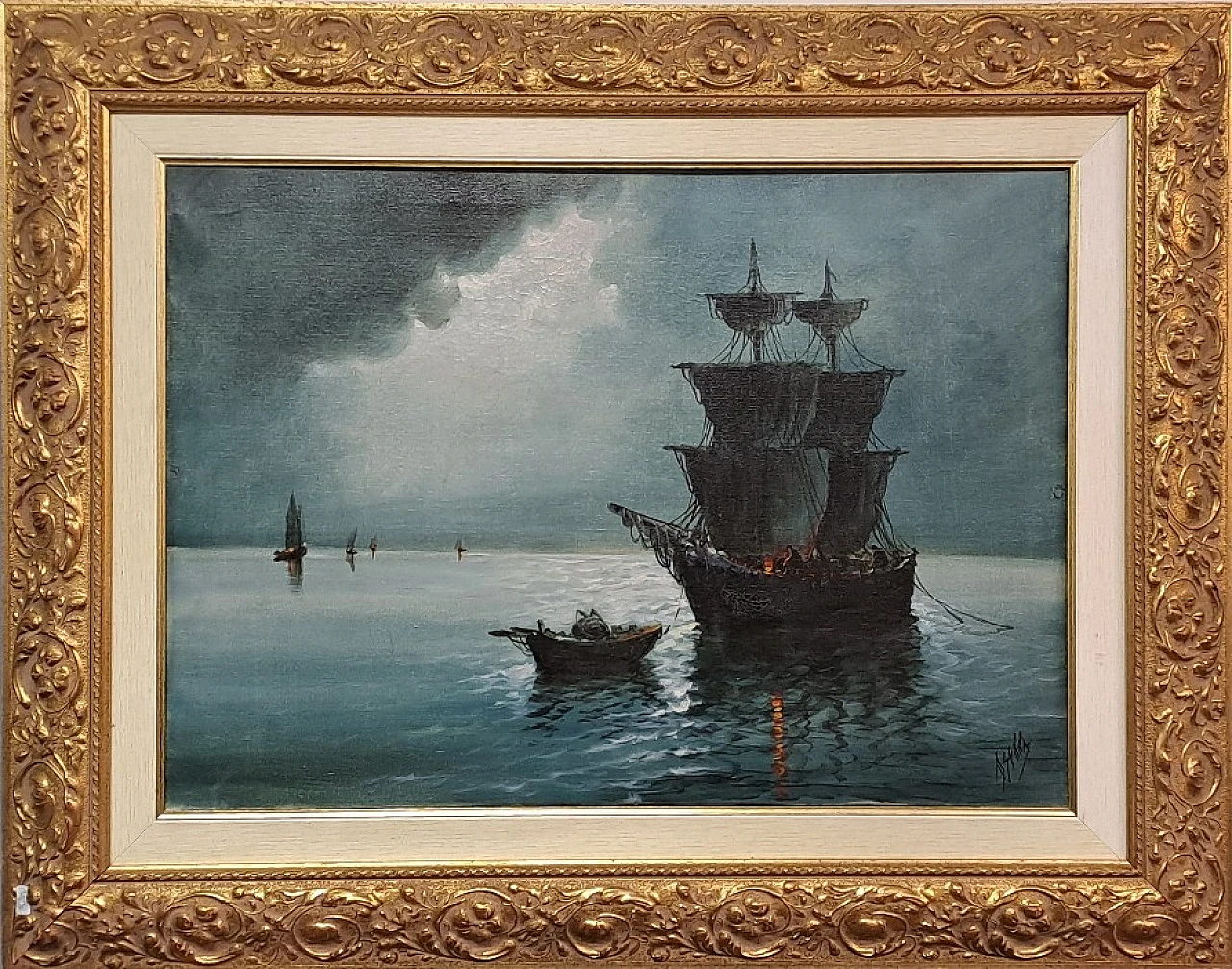 Serra, Night with sailing ship, painting oil on canvas, 20th century 1