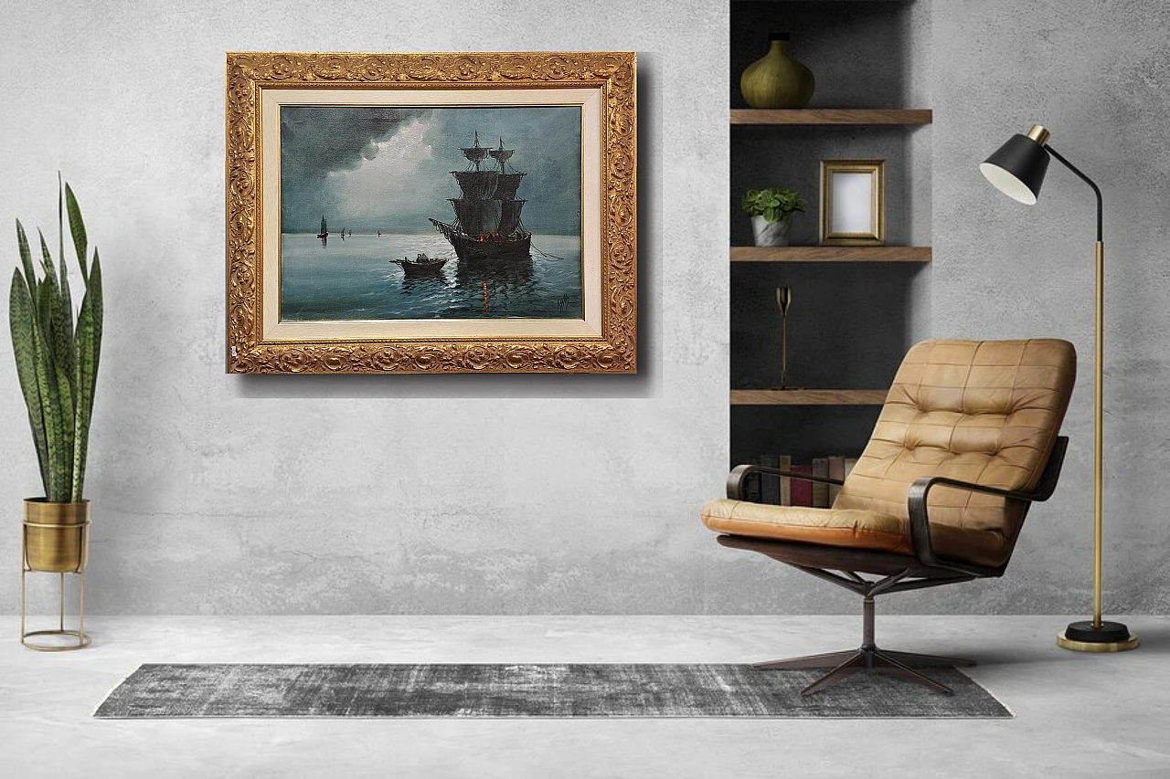 Serra, Night with sailing ship, painting oil on canvas, 20th century 2