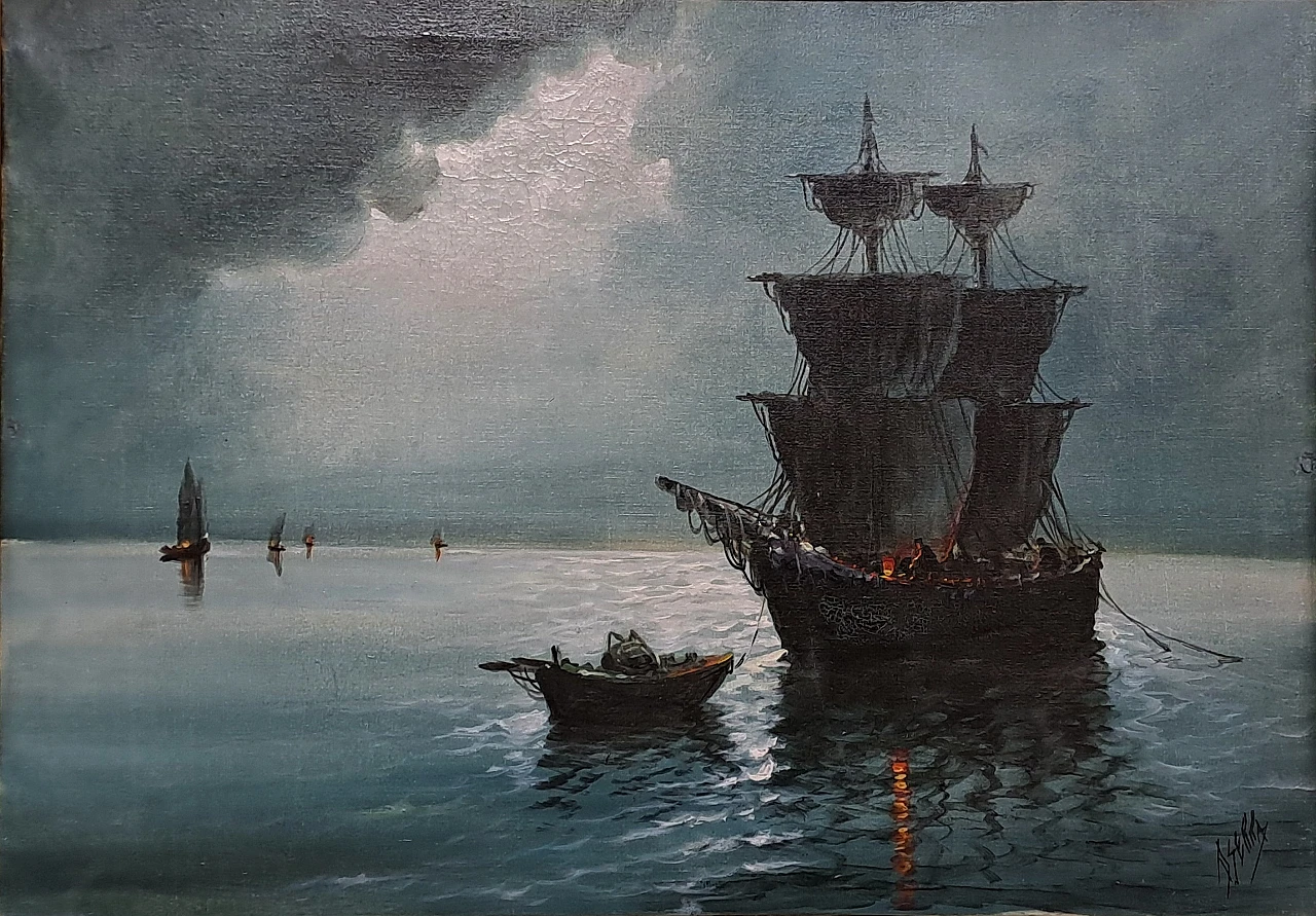 Serra, Night with sailing ship, painting oil on canvas, 20th century 3