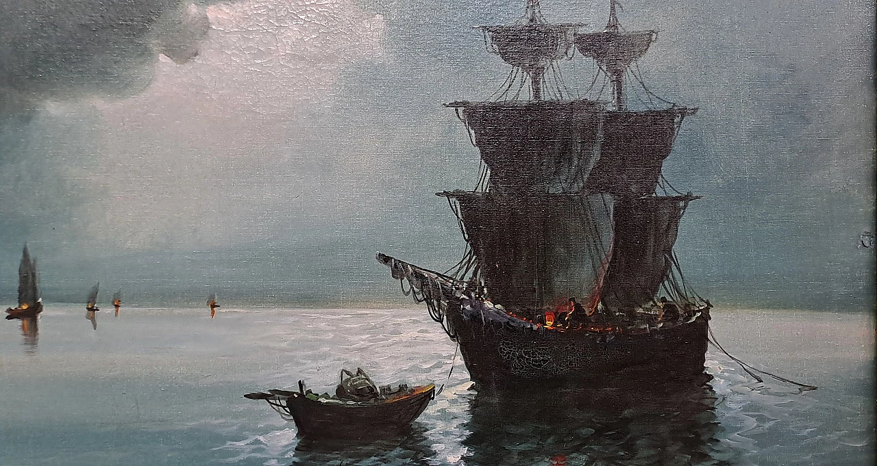 Serra, Night with sailing ship, painting oil on canvas, 20th century 4