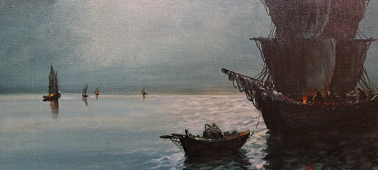 Serra, Night with sailing ship, painting oil on canvas, 20th century 8