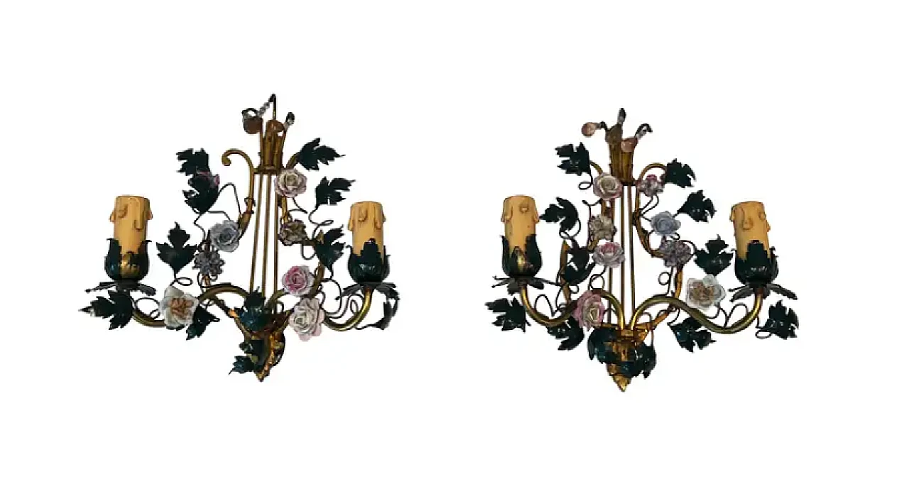 Pair of bronze, metal and porcelain wall sconces, 1940s 1