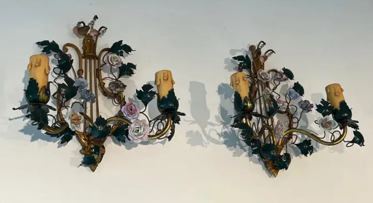 Pair of bronze, metal and porcelain wall sconces, 1940s 3