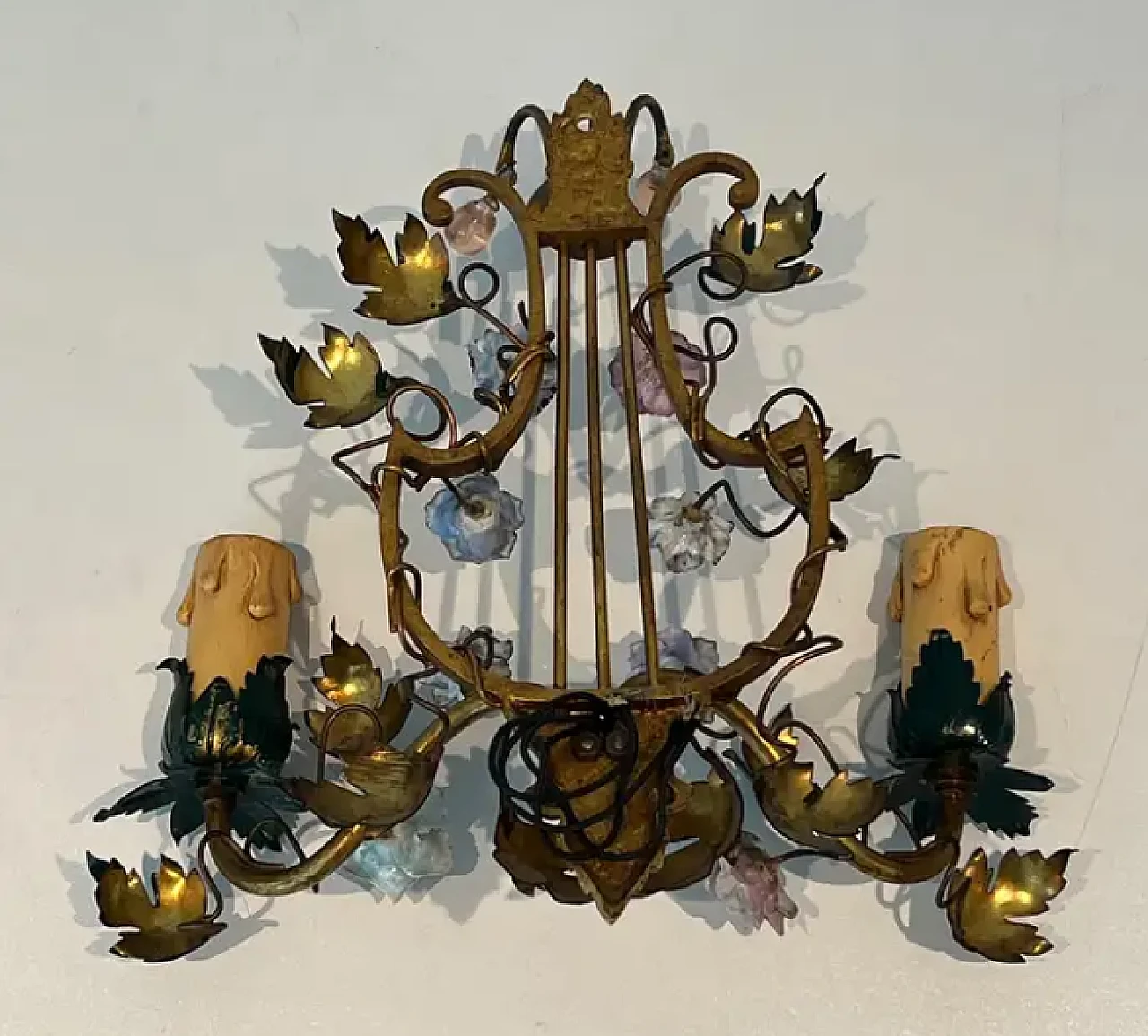 Pair of bronze, metal and porcelain wall sconces, 1940s 5